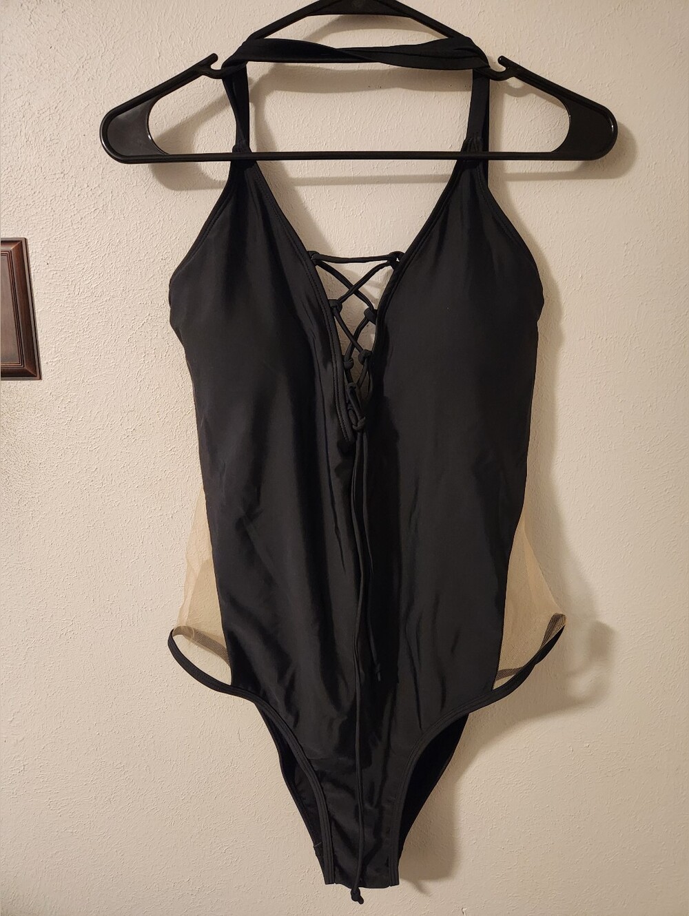 Fashion Nova Black One-Piece Lace-Up Swimsuit with Sheer Side Panels
